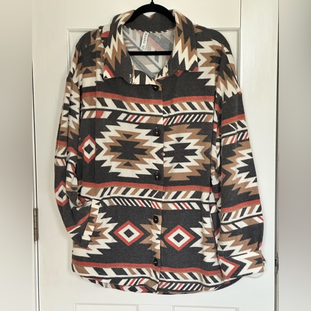 Zenana Outfitters Aztec Patterned Button-Up Jacket Shacket - size 3X